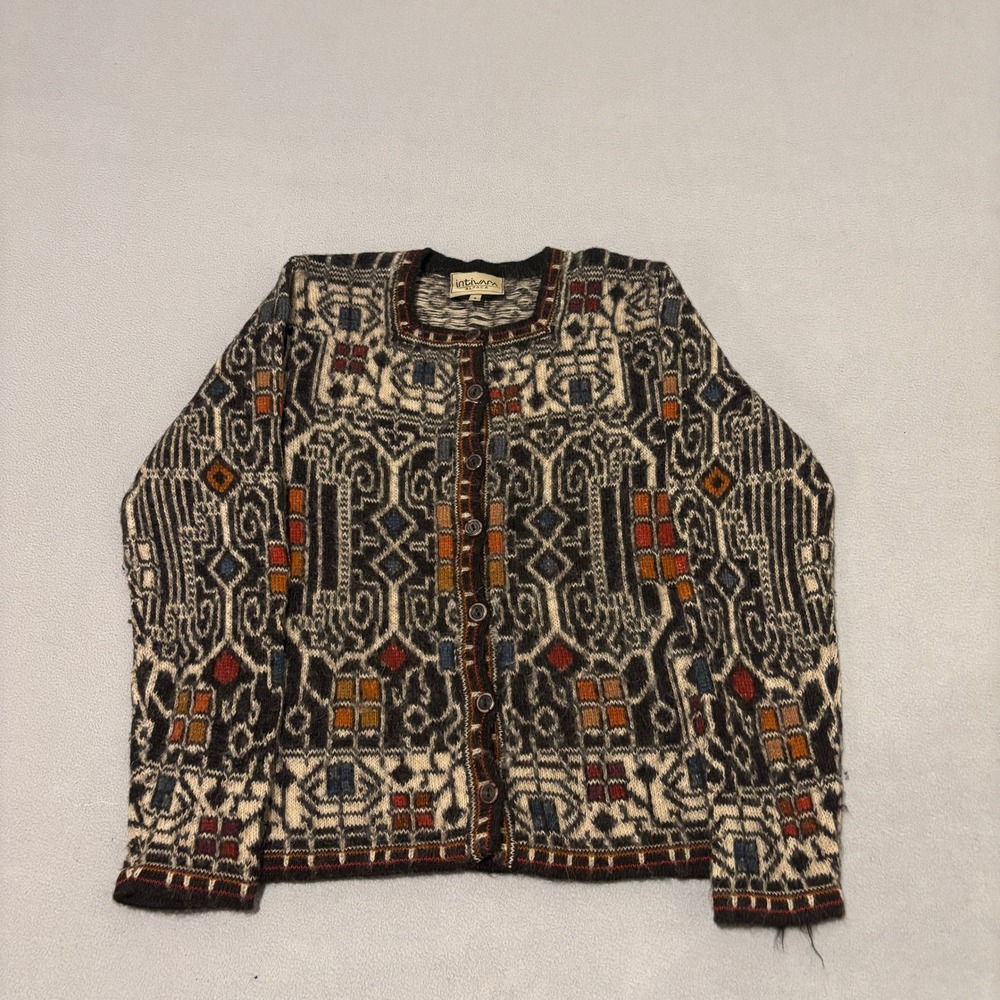 Vintage 90s Alpaca Cardigan Sweater Womens Small Geometric Tribal Knit Brown